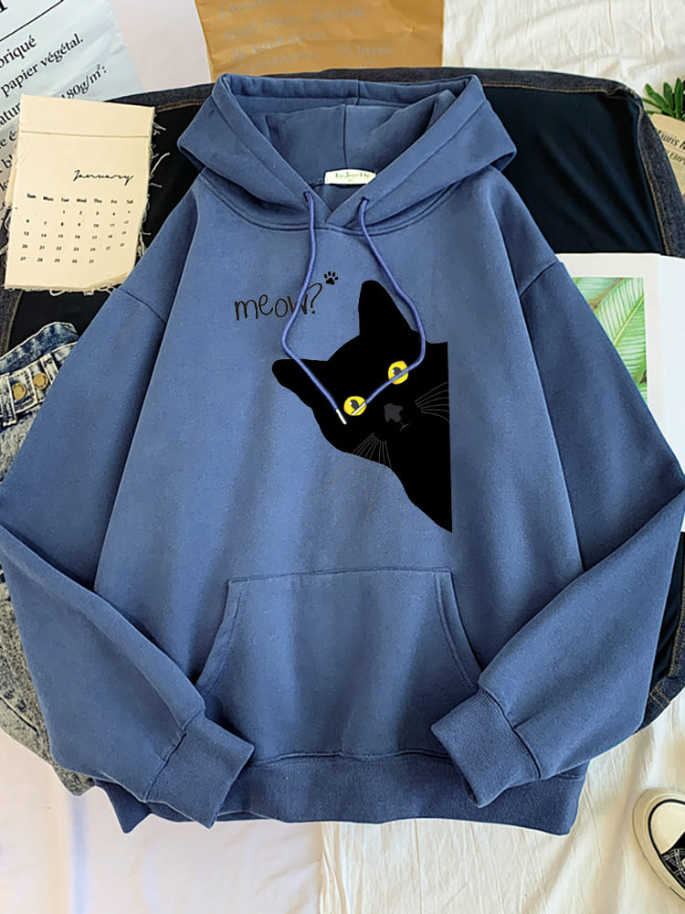 Meow Black Cat Print Hoodie