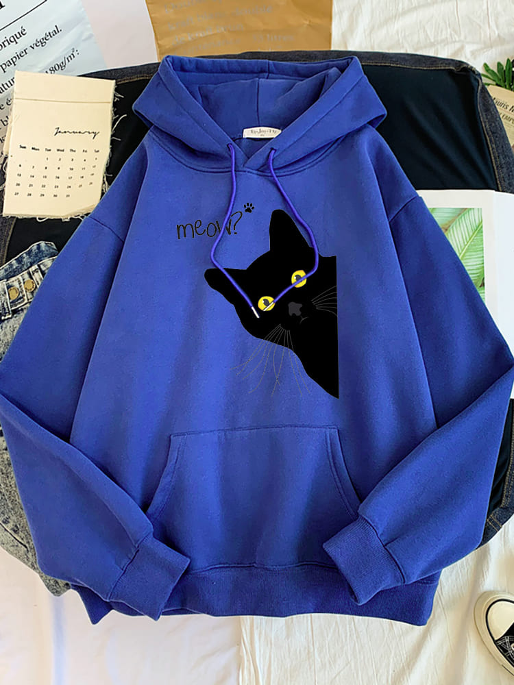 Meow Black Cat Print Hoodie